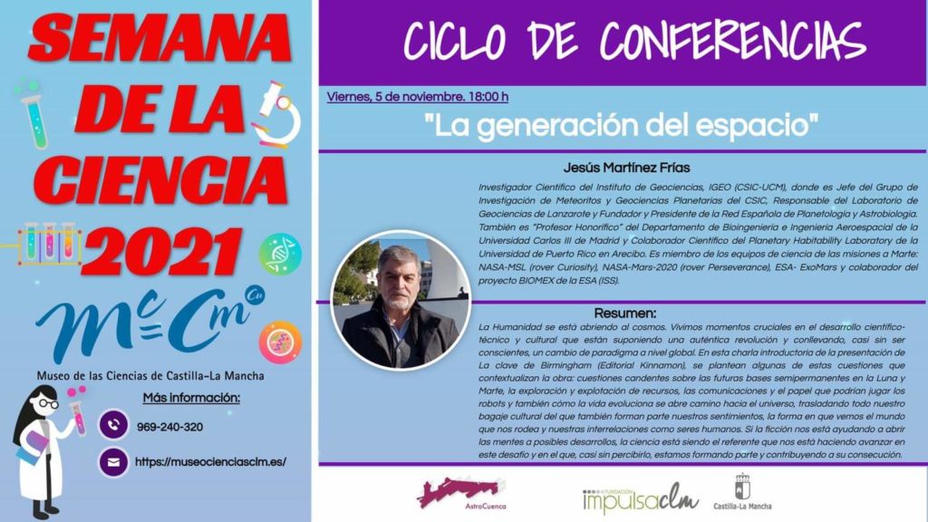 astrocuenca's tweet photo. Cuarta jornada del XI Ciclo de Conferencias "La Diversidad de la Astronomía".

Es el turno de Jesús Martínez Frías (IGEO/CSIC-UCM). Será a las 18:00h en el Museo de las Ciencias de Castilla-La Mancha. 

Más info: https://t.co/YQKIvNkorj https://t.co/mR38YVi2s9