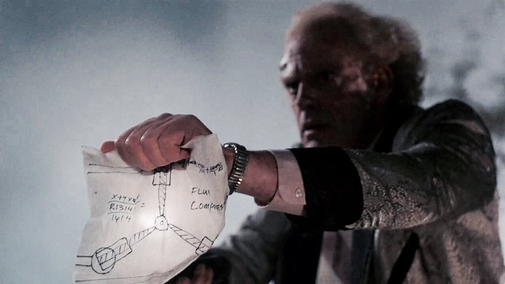 retrochenta's tweet photo. Hoy hace 66 años que Doc tuvo la idea del "Condensador de Fluzo" que le permitiría viajar en el tiempo. Y Marty McFly fue allí a verle. https://t.co/z7sfSYLt6h