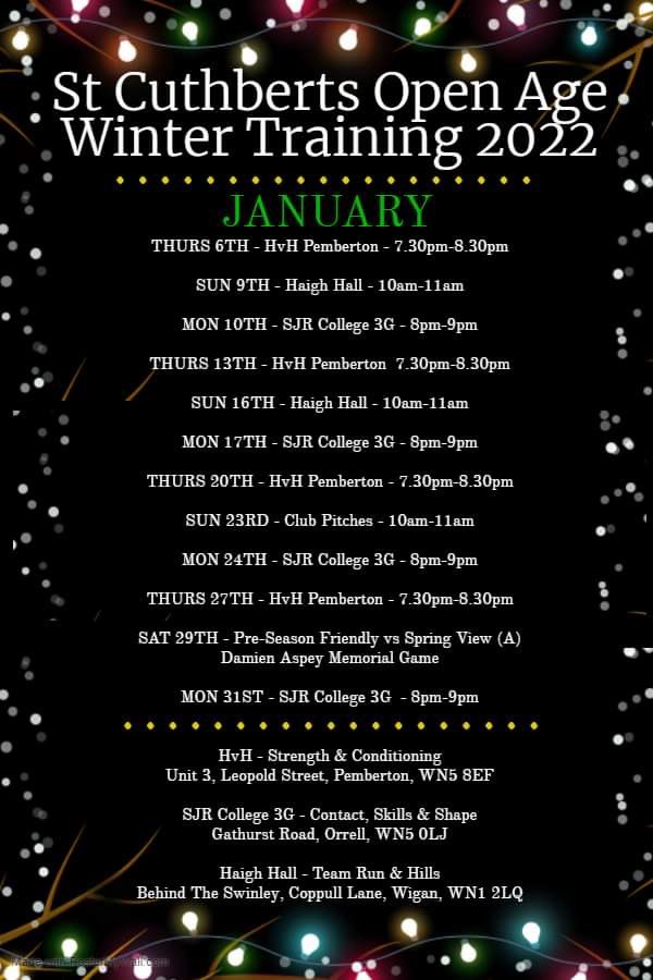 🏉 𝐖𝐈𝐍𝐓𝐄𝐑 𝐓𝐑𝐀𝐈𝐍𝐈𝐍𝐆 𝐒𝐂𝐇𝐄𝐃𝐔𝐋𝐄 🏉

Our pre-season will start on Thursday 6th January and there will be 3 sessions per week with a warm-up game pencilled in for the last weekend against <a href="/SpringViewARLFC/">Wigan Spring View RL</a> for the Damien Aspey Memorial Game 💚💛