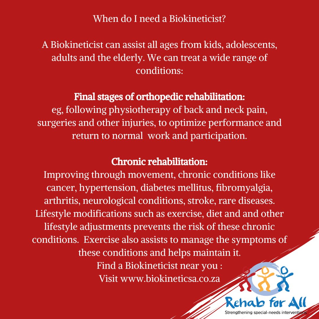Learn more about the profession of Biokinetics .<a href="/BiokineticsSA/">BASA</a> 
#RehabForAllSA #HcsmSA #WeThe15