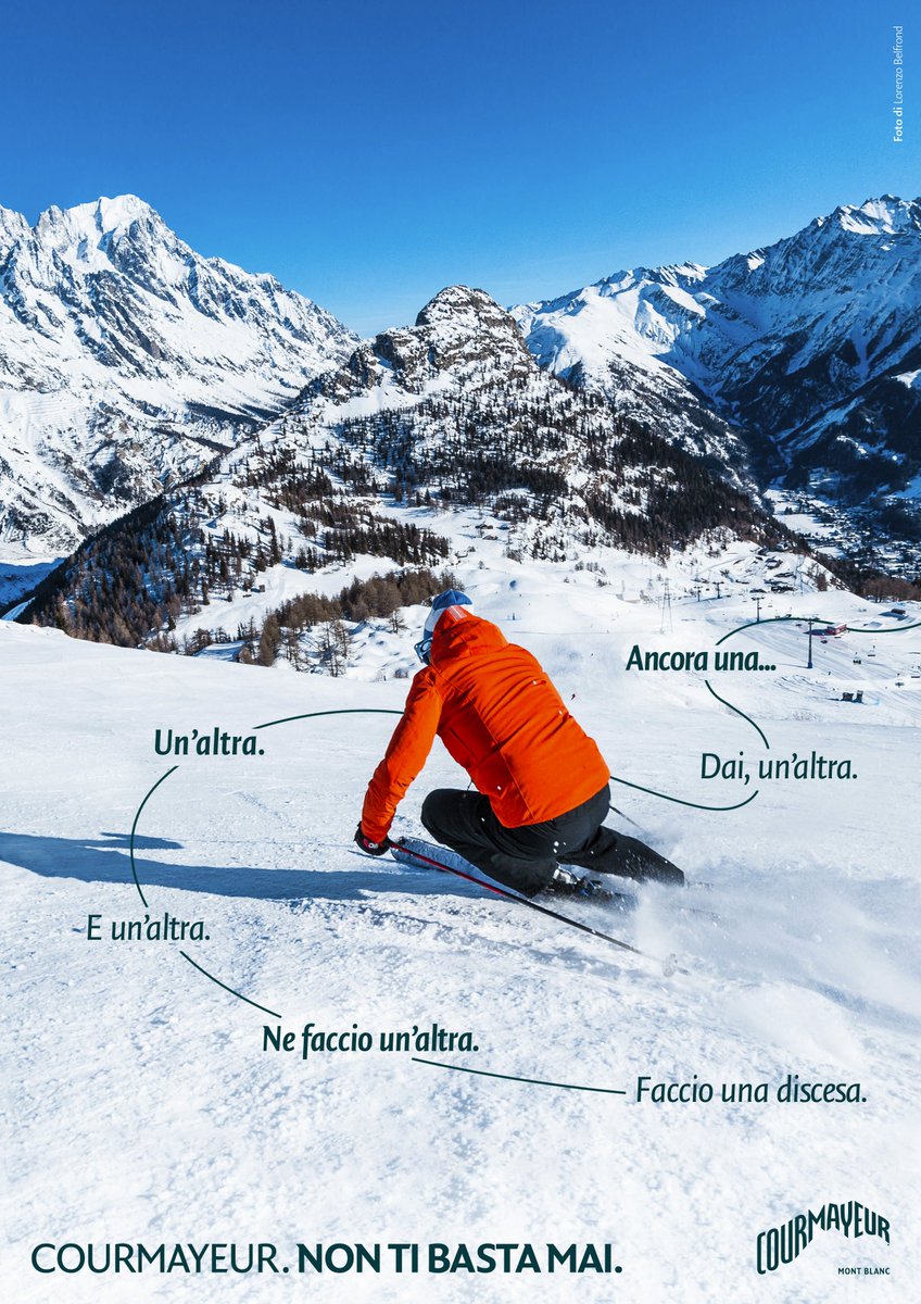 La prima discesa a #Courmayeur è sempre la più bella.
Anche la seconda non è male.
Certo che farne ancora una prima di fermarsi a fare colazione è una bella idea.
Una in più?
È tutto troppo bello per fermarsi ora.
Sì, la colazione può aspettare.
Courmayeur. Non ti basta mai.