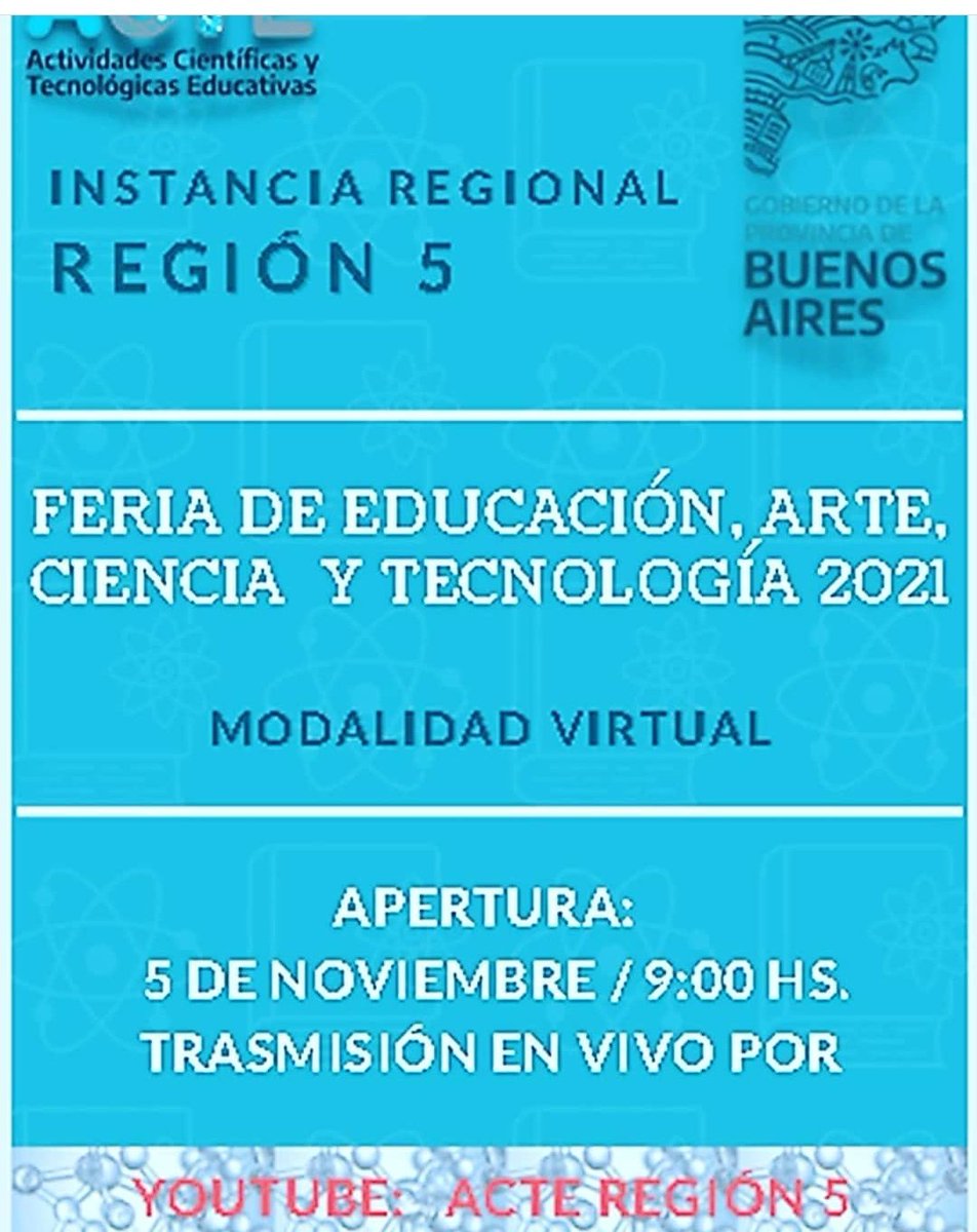 acteba's tweet photo. ¡Hoy! Se realizan las instancias regionales de #FeriaDeCienciasPBA de región 14 en #Alem y de Región 5, podés seguir en vivo a partir de las 9 la apertura de región 5 en el canal de YouTube : ACTE Región 5 @ClaudiaBracchi1 @baeducacion 

#Educación #Arte #Ciencia #Tecnología https://t.co/d5famKm8uG
