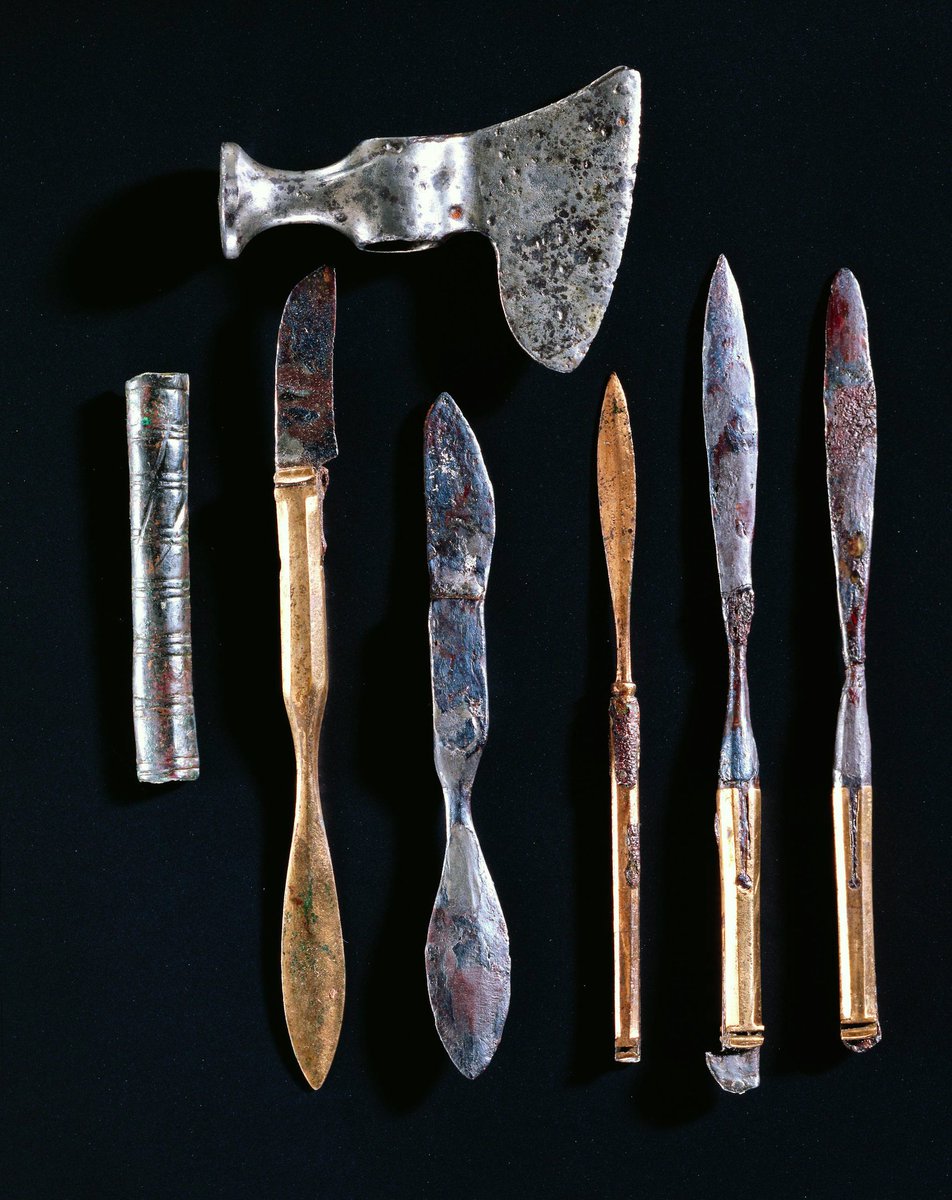 #Roman surgical instruments found at the villa at Sontheim an der Brenz, 2nd/3rd century A.D.  
There was advanced #medical knowledge in Roman time. A vast array of #surgical instruments are known from all parts of the empire. 

#RomanArchaeology #findsfriday