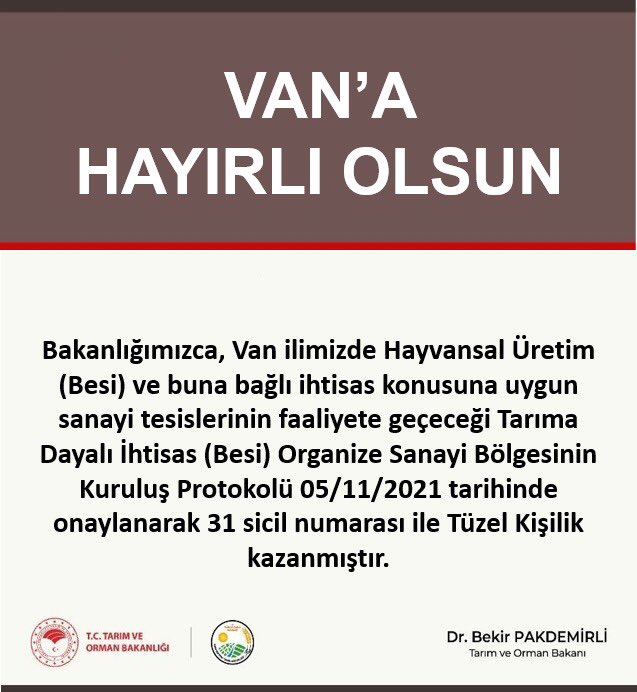 Bakanlığımızca ilimizde hayvansal üretim ve buna bağlı ihtisas konusuna uygun sanayi tesislerinin faaliyete geçeceği Tarıma Dayalı Organize Sanayi Bölgesinin kuruluşu onaylandı.
Van'ımıza hayırlı olsun.
<a href="/bekirpakdemirli/">Dr. Bekir Pakdemirli</a> <a href="/valibilmez/">Mehmet Emin Bilmez</a>  <a href="/igorentas/">İbrahim Görentaş</a>
