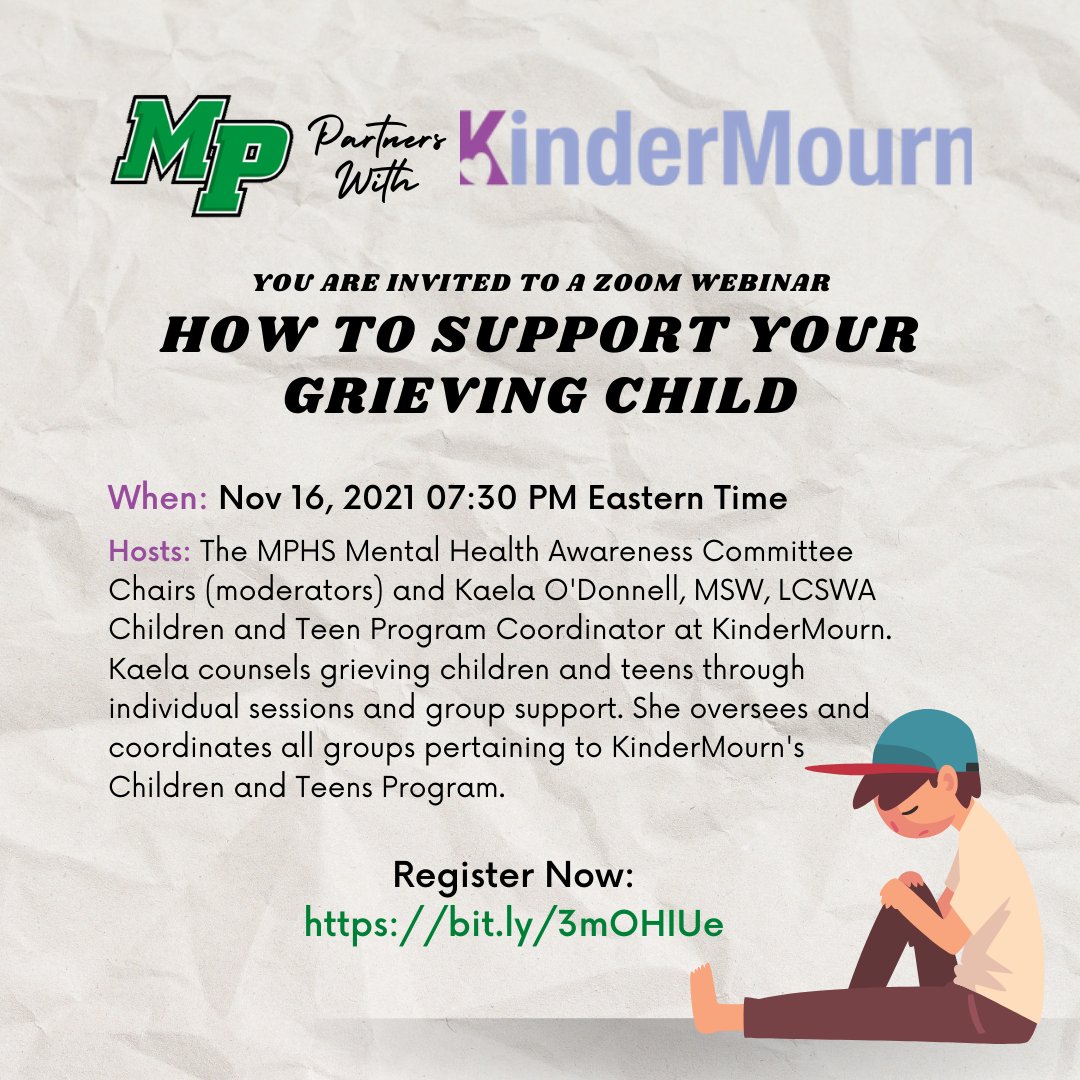 MPHS PTSO partners with <a href="/kindermourn/">KinderMourn</a>. Register for Zoom webinar on How To Support Your Grieving Child. Nov 16, 2021 07:30 PM EST bit.ly/3mOHIUe <a href="/MyersParkHS/">Myers Park High</a> <a href="/MyersParkIB/">Myers Park HS IB</a>