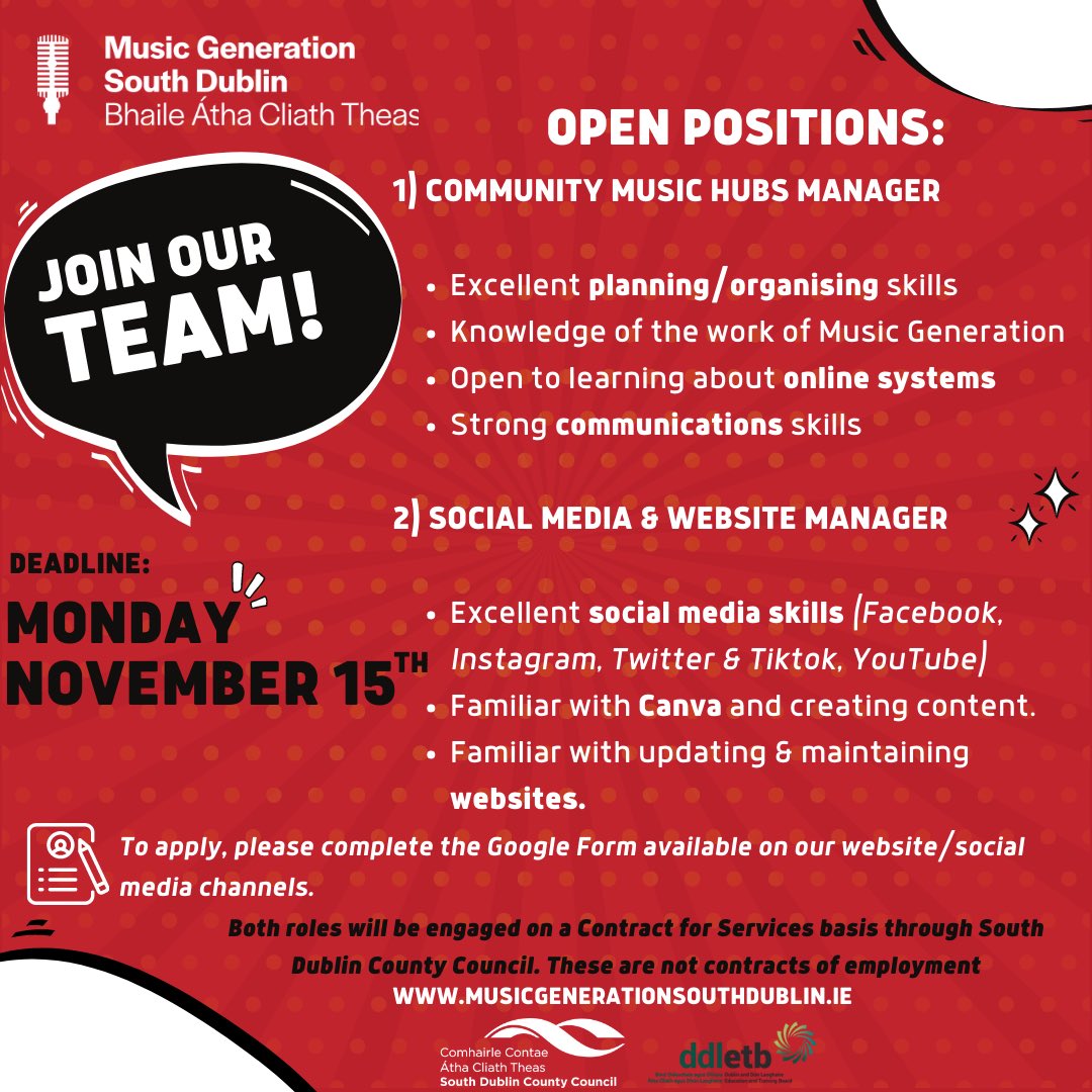 MusicGenSD's tweet photo. JOIN OUR TEAM!
Open Positions:
1) COMMUNITY MUSIC HUBS MANAGER
2) SOCIAL MEDIA & WEBSITE COORDINATOR
Apply Here:
https://t.co/zBOdulblKy
DEADLINE: 15th November 2021
#ArtsIreland #MusicGeneration #MusicGenSD #JobFairy https://t.co/IdwinDTt88