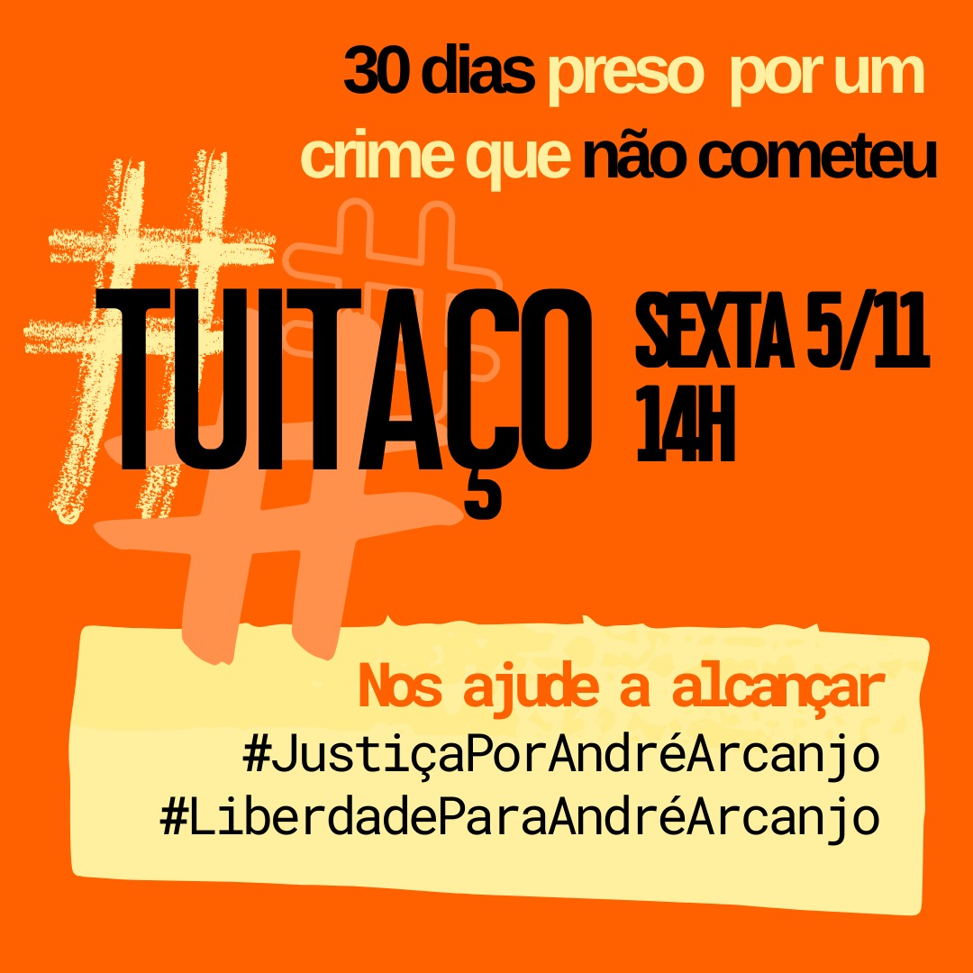 ✊🏿AJUDE A LIBERTAR MAIS UM HOMEM NEGRO PRESO INJUSTAMENTE!
 
‼️TUITAÇO para pedir LIBERDADE PARA ANDRÉ ARCANJO!  #LiberdadeParaAndréArcanjo #JustiçaPorAndréArcanjo
 
🗓️ QUANDO: HOJE!
⏰HORÁRIO: Às 14h
➡️Clique aqui para tuitar (texto pronto, só clicar): bit.ly/3BOEwfC