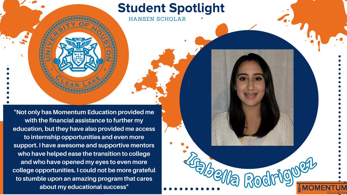 Join us today as we celebrate our student Isabella Rodriguez. Isabella is currently pursuing her undergrad at the University of Houston - Clear Lake. 

Keep up the good work, Isabella!
.
.
.
#onemomentumfamily #highered #careerready #nonprofithouston