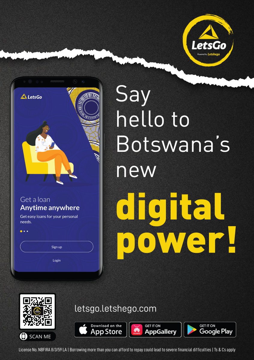 letshegobw's tweet photo. Say Hello to Botswana’s new digital power. Download the LetsGo App or register at https://t.co/xEIc7DQqcG to apply for a loan ANYTIME,ANYWHERE. #LetsGoBW #LetsDigital #ItsEasyWithLetshego https://t.co/RnMBp0wDo7