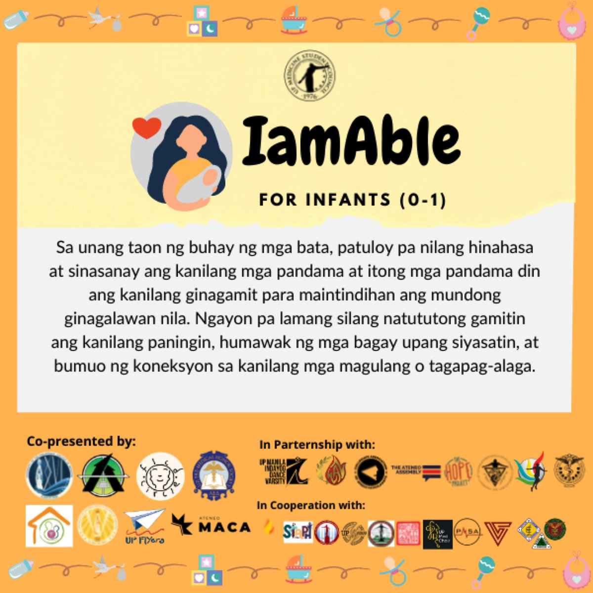 Alamin natin ang iba’t ibang mga gawain para manatiling aktibo at masaya ang inyong mga anak habang nasa pandemya pa tayo! Para sa unang bahagi ng IamAble, talakayin natin and mga laro at gawain para sa mga batang 0-1 yrs old.