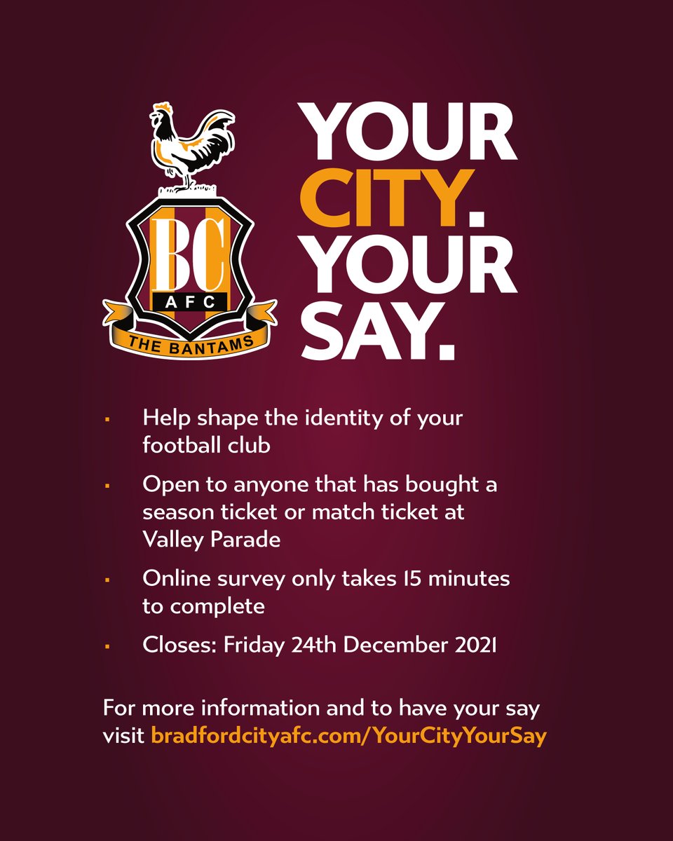 officialbantams's tweet photo. 🗣 | The time has come for you to have your say on the future identity of #BCAFC - with a survey launched as part of our #YourCityYourSay campaign! 

➡️ | Read: https://t.co/ODqO806hKk 

📝 | Survey: https://t.co/M3RWwFk4Bc 

#TakeMeHome https://t.co/dEVL2OJdZ9