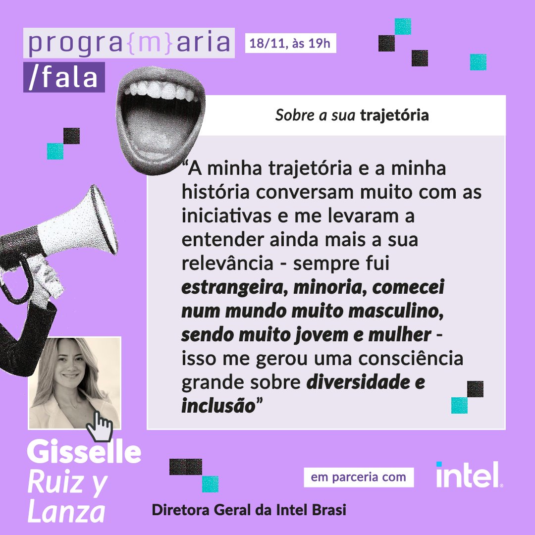 programaria's tweet image. O nosso #PrograMariaFala sempre recebe profissionais incríveis da tecnologia!⚡E no dia 18/11 às 19h não será diferente. A Gisselle Ruiz y Lanza 💜 , diretora geral da Intel Brasil, vai compartilhar com a gente sobre como é o seu dia a dia! Participe! mla.bs/2ad9d5c5