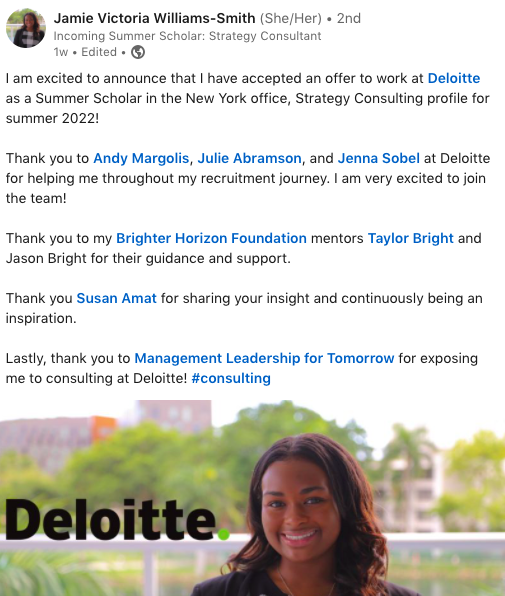 We love updates like this one from a successful Brighter Horizon #scholar who has her summer internship already lined up at Deloitte in New York City! The sky's the limit for this college student on the path to achieving her career goals. #summerinternship #consulting