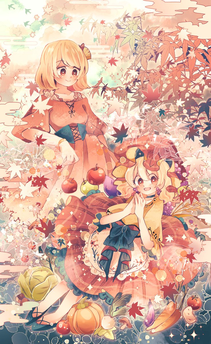 aki minoriko ,aki shizuha multiple girls 2girls fruit grapes food blonde hair mob cap  illustration images