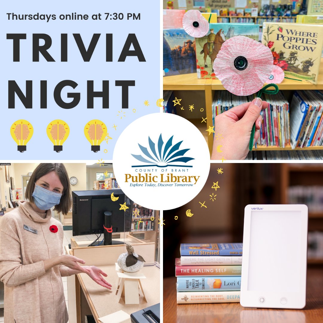 brantlibrary's tweet photo. Lots of fun coming your way from #BrantLibrary next week!
๐จ Pick up a Remembrance Day-themed Kids Create craft kit
๐ก Out-quiz family and friends during #TriviaNight
๐ Join Miss Rachel for virtual PA Daze fun
... and much, much more!
#BrantCounty #NextWeekWithTheLibrary https://t.co/EEwAzM9a1w