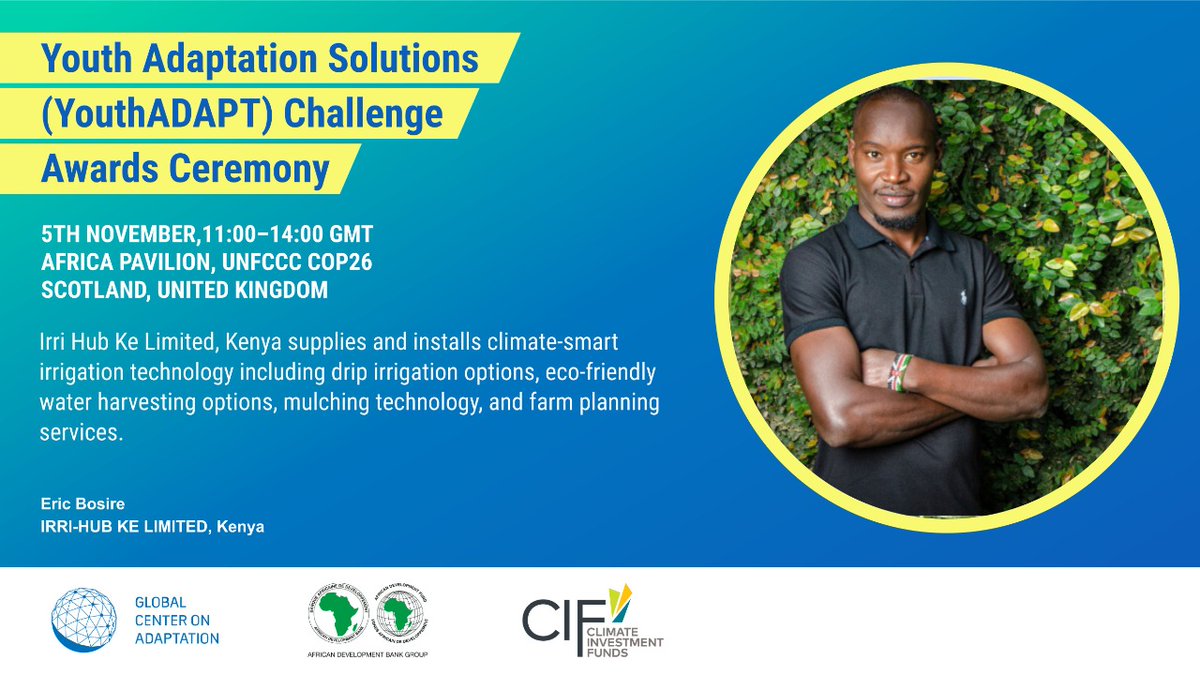 The 3rd prize of the #YouthADAPT challenge goes to #Irri Hub a Kenyan owned entity dealing in the supply and installation of climate-smart irrigation technology. They support a customer base of above 1000.
<a href="/CIF_Action/">CIF</a> <a href="/GCAdaptation/">Global Center on Adaptation</a> <a href="/AfDB_Group/">African Development Bank Group</a> <a href="/Kcic_Consulting/">KCIC Consulting (KCL)</a>
#AfricaCOP26