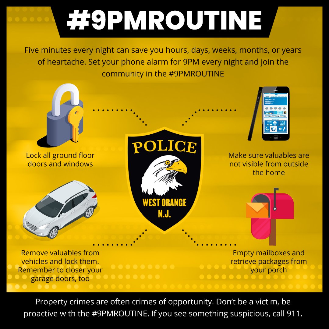 WestOrangeInfo's tweet photo. Reminder from the West Orange NJ Police Department #9pmReminder

1) take your keys 🔑
2) remove your valuables 📱
3) lock your vehicles 🚘

Don't make it easy for crimes of opportunity to happen in our community. #wearewestorange @westorangepd https://t.co/j7AdaH7pKV