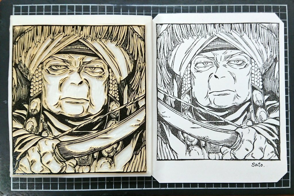 #作品作りで私が1番得意な技術
#消しゴムはんこ
余白の飾り彫り…
と思いきや、目とか髪の毛先とかの細かい部分を彫るのが1番好きで、ペン線の強弱を出すように彫る事に気をつけている…