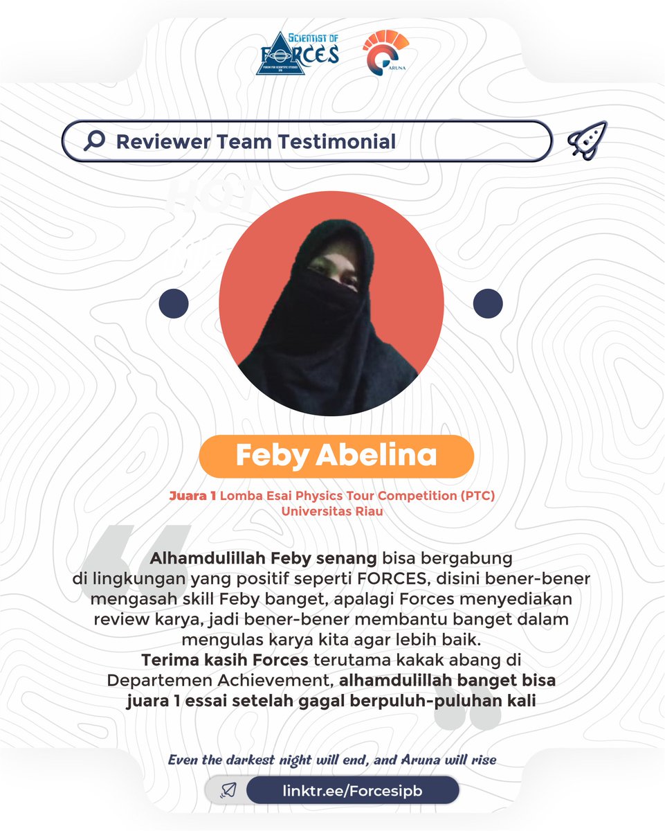 forces_ipb's tweet photo. [TESTIMONIES OF REVIEWER TEAM AND TEAMMATE]

Hi, Scientist!
The reviewer team work program can help you to correct your essays and papers. The teammate work program can help you to find competition friends according to the criteria you want. https://t.co/GVUwRrKDxU