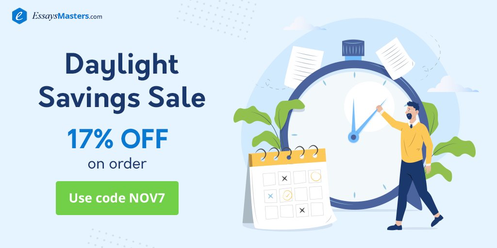 essays_masters's tweet photo. Friendly reminder⏰
Daylight Saving Time ends on Sunday, November 7. Don't forget to set your  clocks back one hour (i.e., gaining one hour) to “fall back.” 
Also, at our site begins Money Saving Days! Get 17% Off on order with code NOV7: https://t.co/j133tsm7Wt
Valid on 11.05-08 https://t.co/b4ugDxCSYk