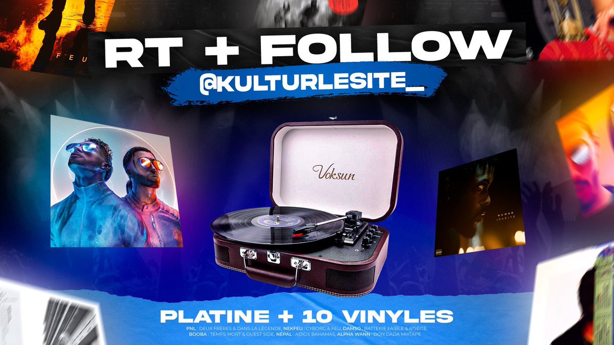 🚨CONCOURS !

Tentez de gagner :

Une platine vinyle + une collection de 10 albums vinyles : Deux Frères, Cyborg, Ipséité, Adios Bahamas, Temps Mort...

RT + FOLLOW <a href="/Kulturlesite_/">Kultur</a>