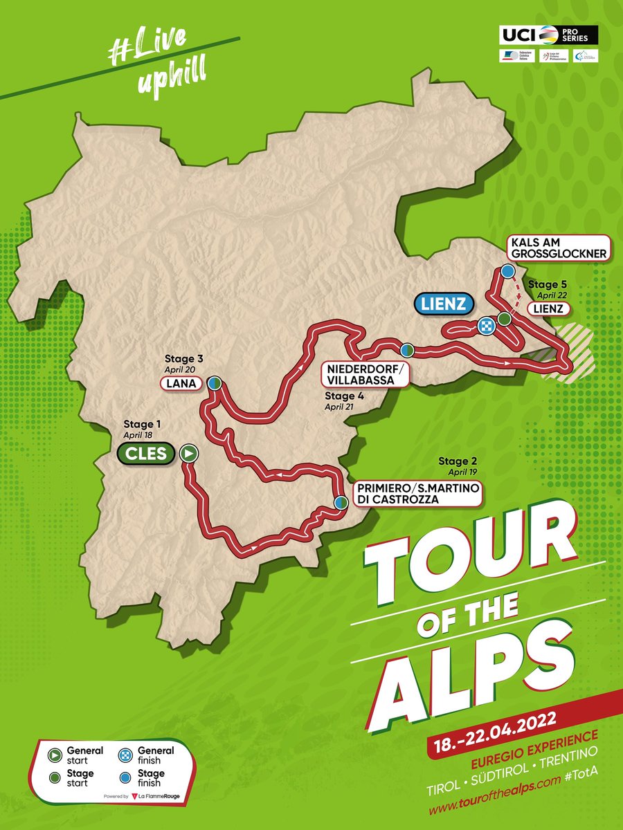 Tourof_TheAlps's tweet photo. #TotA 2022 

Stage 1️⃣: Cles - Primiero/San Martino di Castrozza, 159 Km 

Stage 2️⃣: Primiero/San Martino di Castrozza - Lana, 153 Km 

Stage 3️⃣: Lana - Niederdorf/Villabassa, 149 Km 

Stage 4️⃣: Niederdorf/Villabassa-Kals am Großglockner, 142 Km 

Stage 5️⃣: Lienz - Lienz, 116 Km https://t.co/aGHDz6JleX