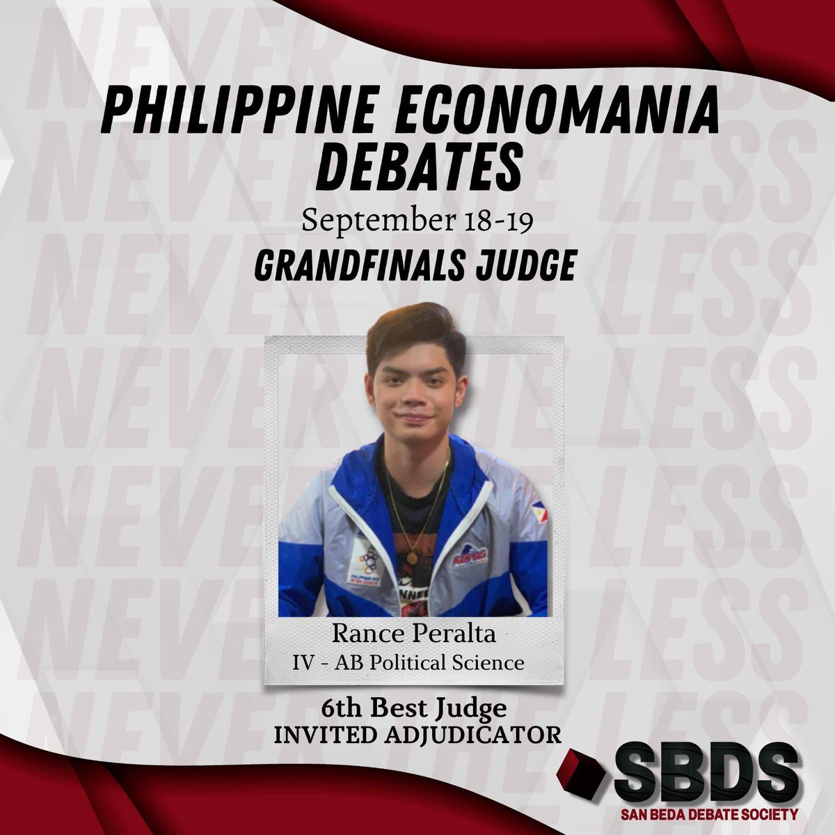 SanBedaDebate's tweet photo. The San Beda Debate Society would like to congratulate our invited adjudicator to the Philippine Economania Debates held last September 18-19, 2021.

For Honor, Victory, and Glory!

#AnimoSanBeda 
#SBUNeverTheLess https://t.co/5Yvyo7Qgxi