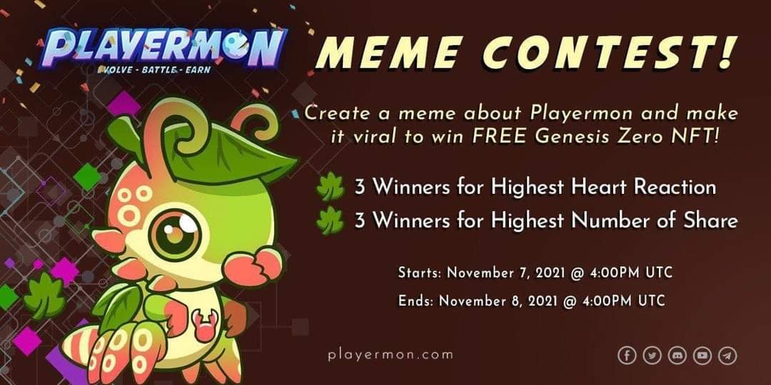 ‼️ANOTHER EXCITING EVENT‼️

Are you a fan of Playermon and a  creative meme maker? Create a funny Playermon Meme and make it viral on Facebook and get the chance to win FREE Genesis Zero Playermon NFT!