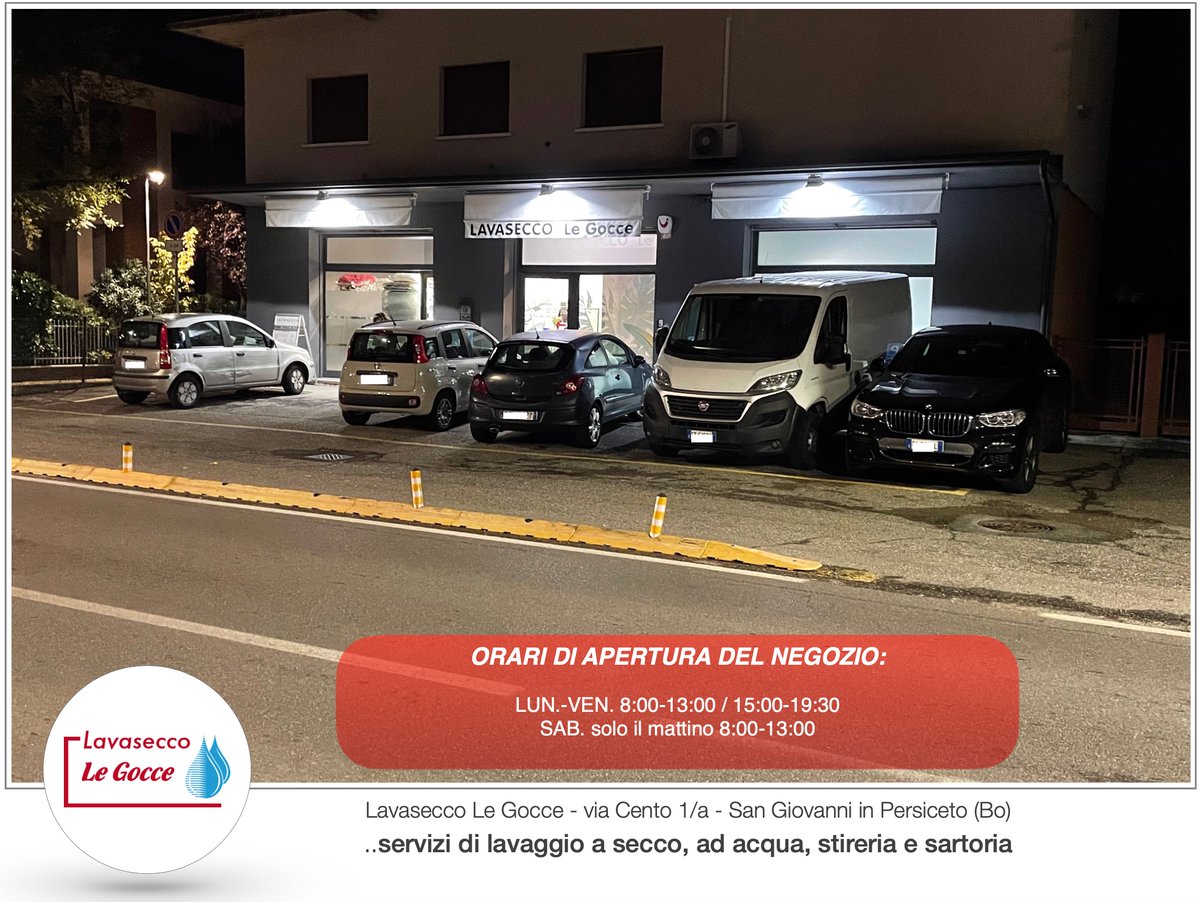 <a href="/Lav_LeGOCCE/">Lavasecco LE GOCCE</a> Lavasecco Le Gocce 🌺
via Cento 1/a - San Giovanni in Persiceto (Bo)
LUN.-VEN. 8:00-13:00 / 15:00-19:30
SAB. solo matt. 8:00-13:00