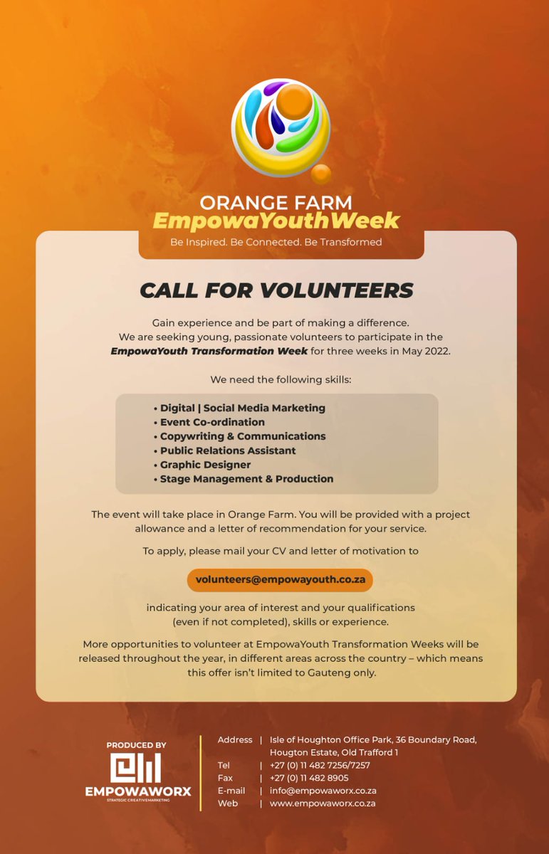 EmpowaYouth's tweet image. Be part of the biggest Youth Transformation movement! 

Volunteer vacancies now open for EmpowaYouth 2022.

Send your CV to volunteers@empowayouth.co.za for an opportunity to be part of greatness! 

#Empoward2Work
#EmpowaYouth
#ILoveOrangeFarm