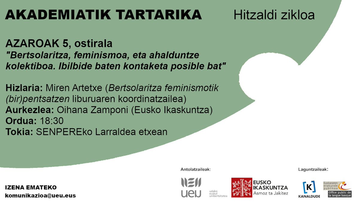 Udako Euskal Unibertsitatea @ueu_orokorra​k eta @EIparralde​ren “Akademia tartarika” hitzaldi-zikloak aitzina segitzen du. Gaurko, hitzordu berria proposatzen daukute, bertsolaritza genero problematikatik berrikusteko. 

▶ [elkarrizketa] Miren Artetxe euskalirratiak.eus/etorkizuneko-b…