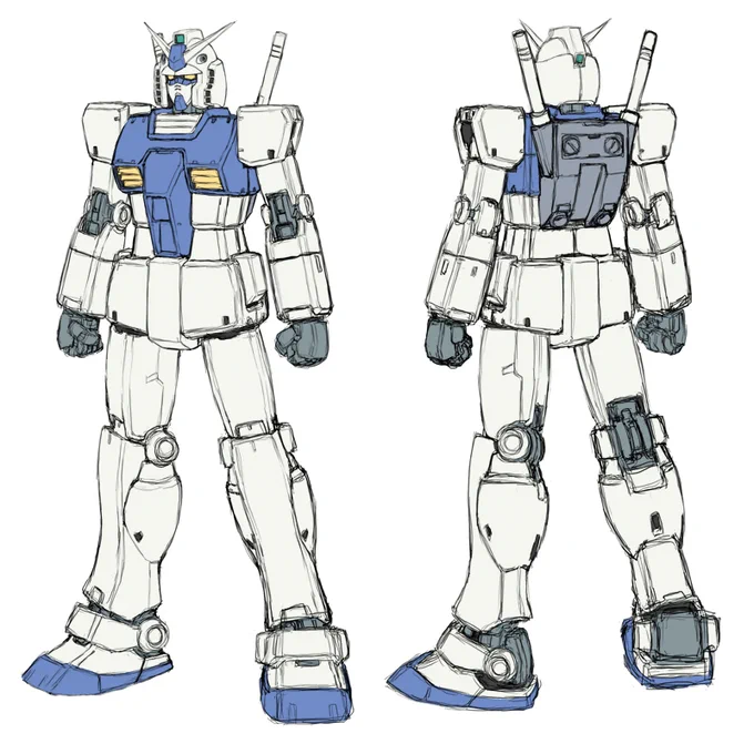 「8機製作されたRX-78の内4~8号機はほぼ素体のまま冷却システムを持たない状態でRGMの母体となった」とプロトタイプガンダムの解説にある。その改修された4~7号機だが、改修前はジムとガンダムの中間みたいな感じだったのかもしれない、という妄想の中での改修前の4号機と5号機。 