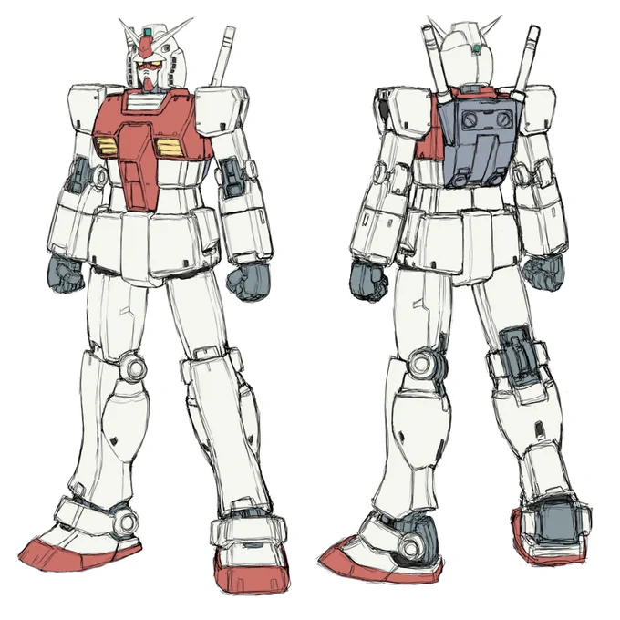 「8機製作されたRX-78の内4~8号機はほぼ素体のまま冷却システムを持たない状態でRGMの母体となった」とプロトタイプガンダムの解説にある。その改修された4~7号機だが、改修前はジムとガンダムの中間みたいな感じだったのかもしれない、という妄想の中での改修前の4号機と5号機。 