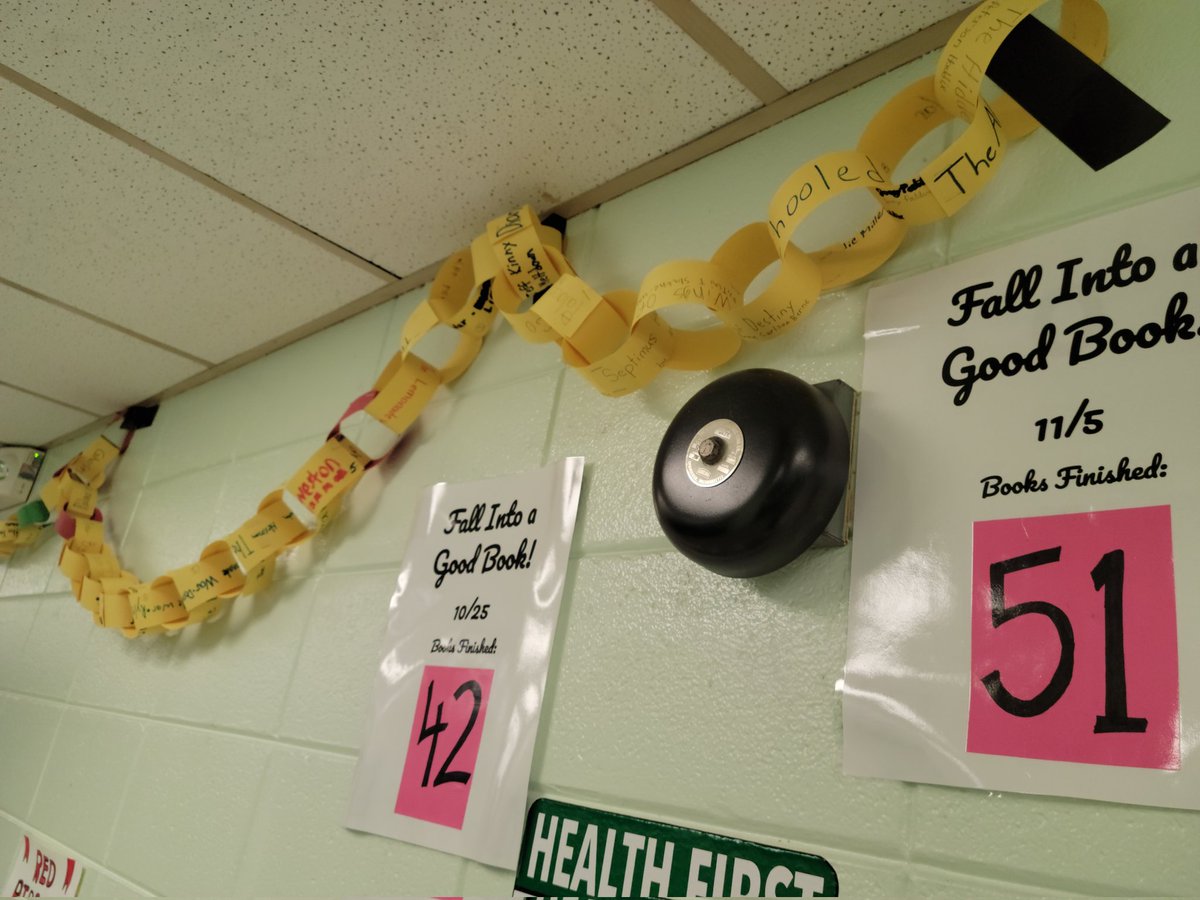 Mrs_Zietlow's tweet photo. Our count is currently at 59 books finished, but I KNOW a bunch of 7th graders recently finished the first Harry Potter book! Let's keep adding to our chain! @mrsthomas_sci
@LCaseCMS
@CMS_MrGordon #oncearaider #FallIntoAGoodBook https://t.co/QDNV4McgQ7