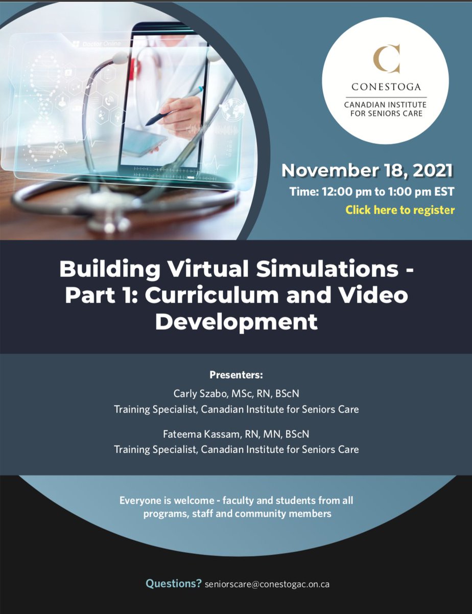CDNSeniorsCare's tweet photo. We’ve learnt a lot in the last year about building virtual simulations. Join us for the first part of a webinar series on November 18th (12-1pm EST), where we will be sharing the latest and greatest curriculum and video development practices. To register: https://t.co/LVmTnas2Zu. https://t.co/aqTDgN6mjc