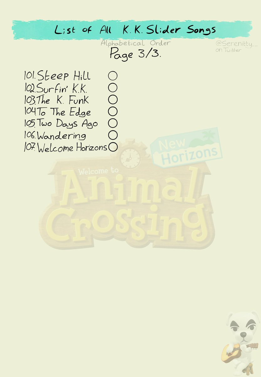 serenitty__'s tweet photo. I made an ACNH K.K. Slider song checklist. This also includes ALL of his new songs as well! Please feel free to save &amp; use ☺️

(List is in alphabetical order)

#AnimalCrossingNewHorizons #acnh #ACNHUpdate #animalcrossing https://t.co/mSCYj2dJRz