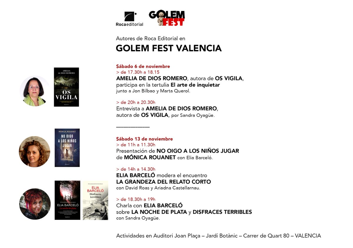 RocaEditorial's tweet photo. El @FestGolem arranca hoy en Valencia con actividades dedicadas a la literatura fantástica, de terror y de ciencia ficción, y un homenaje a @elia_barcelo. Ahí estaremos a partir de mañana también con @MonicaRouanet y @AmeliaDeDios2. Más información en https://t.co/jIF82L3glh https://t.co/JiVNHlh4pW
