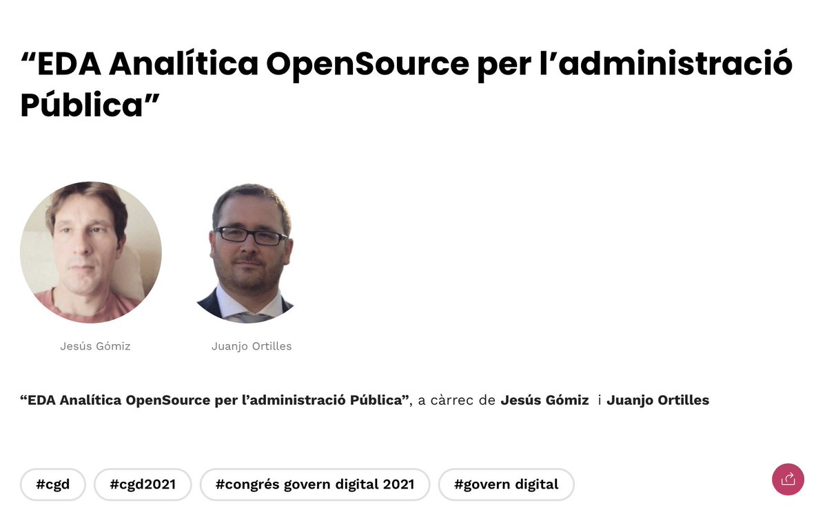 CongresGovDigit's tweet photo. 📅10/11 - PONÈNCIA #CGD2021: "EDA Analítica OpenSource per l'administració"

⌚12.00h a 12.30h - sala oceànica 🌊

🗣️Amb la presència de: Juanjo Ortilles, Fundador de @jortilles i Jesús Gómiz de @AjRubi

Inscriu-te!👉https://t.co/aw7vGnrdYS https://t.co/wPF4A1PQvg