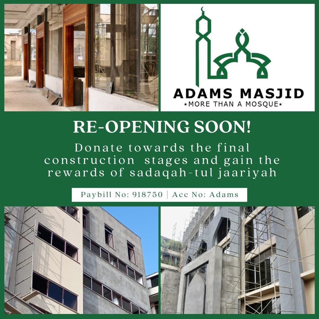 AdamsMasjid's tweet photo. The Masjid will have several facilities; a kitchen, a multipurpose hall, a ghusul area, a youth centre and offices. Kindly donate towards the final construction stages and gain the rewards of Sadaqah-tul Jaariyah. 
Paybill No: 918750 | Acc No: Adams #JummahMubarak https://t.co/XNzKEkLHiz