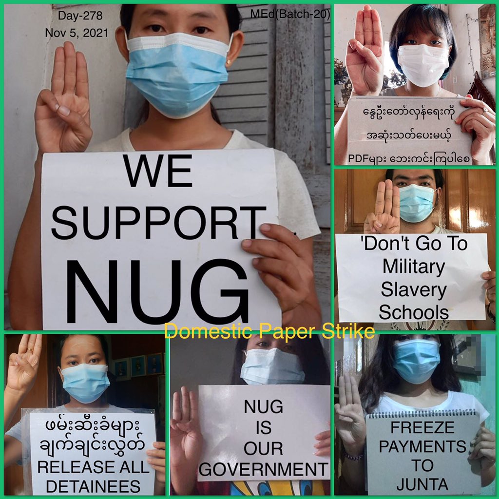 NantEiThandar's tweet photo. Pro-democracy 6 #CDMer teachers (MEd, Batch-20) from SUOE staged an anti-coup domestic strike as 278th day. 

LEGALIZATION OF NUG

#Nov5Coup  
#WhatsHappeningInMyanmar https://t.co/3jG62cyB4R