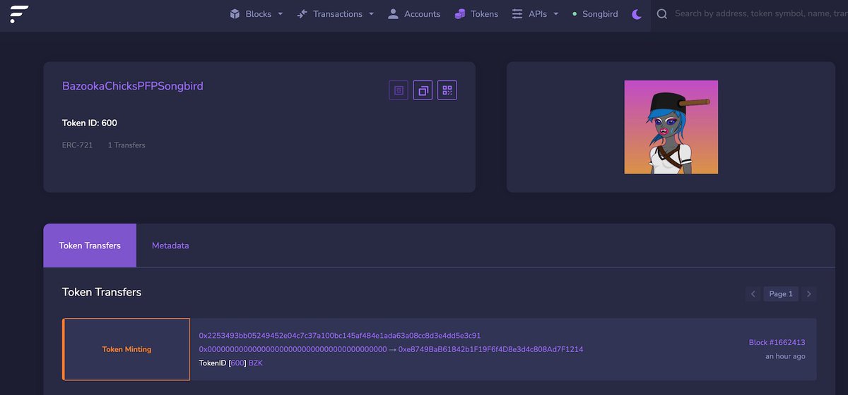 BazookaChicks's tweet photo. YOOOOO! @FlareNetworks Love the New Songbird explorer Update!! You can See @bazookachicks live metadata and NFT info!! Best way to check if you have a REAL NFT 💪💪💪 #songbird #nft https://t.co/AFIlshgnDW
