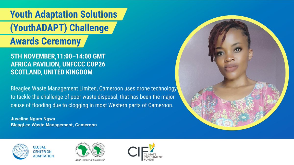 6th prize of the #YouthADAPT challenge goes to Bleaglee Waste Management Limited, Cameroon. It uses drone technology to tackle the challenge of poor waste disposal.
<a href="/CIF_Action/">CIF</a> <a href="/GCAdaptation/">Global Center on Adaptation</a> <a href="/AfDB_Group/">African Development Bank Group</a> <a href="/Kcic_Consulting/">KCIC Consulting (KCL)</a>
#AfricaCOP26