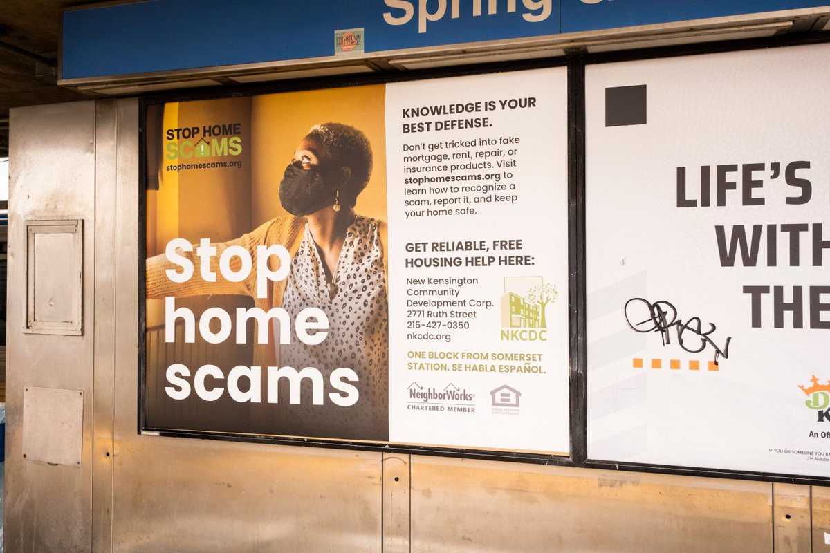 NKCDC's tweet photo. Thanks to funding from @NeighborWorks America's #StopHomeScams campaign, NKCDC ran its first ad campaign on El trains and stations this fall. Our free housing services are available to any Philadelphian, and we're grateful for new ways to get the word out. Call 215-427-0350! https://t.co/JN2WgBu18U