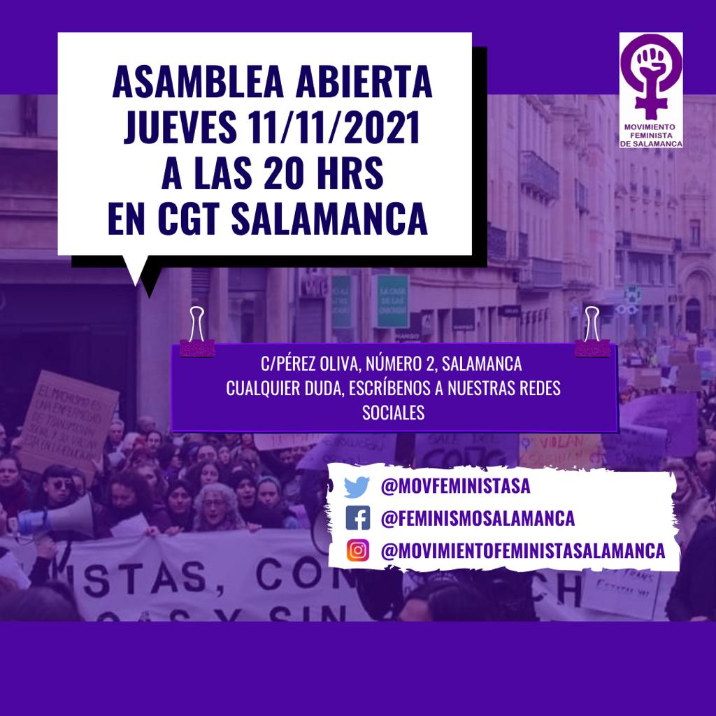 movfeministasa's tweet photo. Ya estamos preparando el 25N. La siguiente asamblea será el próximo jueves. Os pedimos difusión. Como todas, es una asamblea abierta y como siempre, cuántas más manos, mejor. 
🚩Sede CGT
📆Jueves, 11-11-2021
🕗20:00h. https://t.co/Z9GmVc9IC0