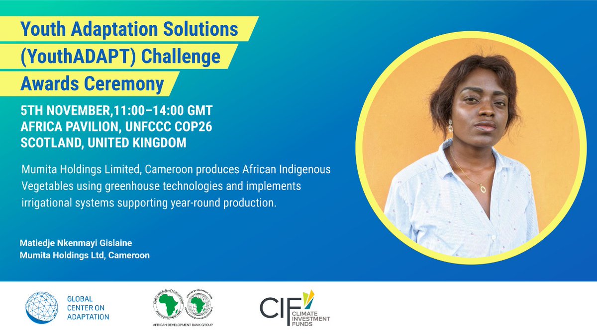 7th prize of the #YouthADAPT challenge goes to Mumita Holdings Limited, Cameroon. It produces African Indigenous Vegetables using greenhouse technologies and supports year-round production.<a href="/CIF_Action/">CIF</a> <a href="/GCAdaptation/">Global Center on Adaptation</a> <a href="/AfDB_Group/">African Development Bank Group</a> <a href="/Kcic_Consulting/">KCIC Consulting (KCL)</a> <a href="/CMRNewsAgency/">Cameroon News Agency (CNA)</a> 
#AfricaCOP26