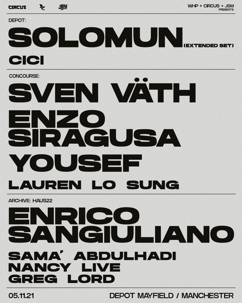SomeDaysEvents's tweet photo. BIG one TONIGHT at @WHP_Mcr with @SolomunMusic &amp; friends!

DEPOT 
@SolomunMusic 
@CiciCavanagh
 
CONCOURSE
@svenvaeth 
@enzosiragusa 
@yousefcircus  
@laurenlosung  

ARCHIVE
@esangiuliano  
@sama_skywalker  
@nancyliveuk  
@gplord 

Final Tickets > https://t.co/BcPOsbSqN0

#WHP https://t.co/y7jyPhlLln