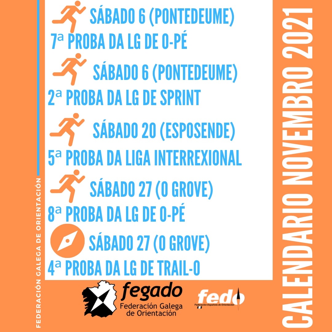 📅 Xa está aquí novembro!!! 
📝Apunta as probas da Liga Galega na túa axenda para non esquecer ningún evento!
🔗 Máis información en fegado.es/events/

#FEGADO #FEDO #orientacion #orienteering #mtbo #galicia #opie #raid #trailo
