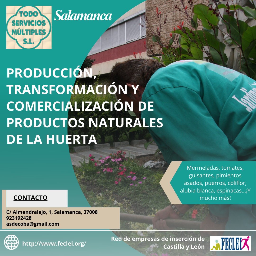 Feclei's tweet photo. Todo Servicios Múltiples es una de las 13 empresas integradas en la red de FECLEI. Se encuentran en Salamanca y su actividad va dirigida a la producción, transformación y comercialización de productos naturales de la huerta.
🍅🥗🍏🍑🍒
#empresasocial #Feclei #EconomiaSocial #TSM https://t.co/tXj2IFcWZi