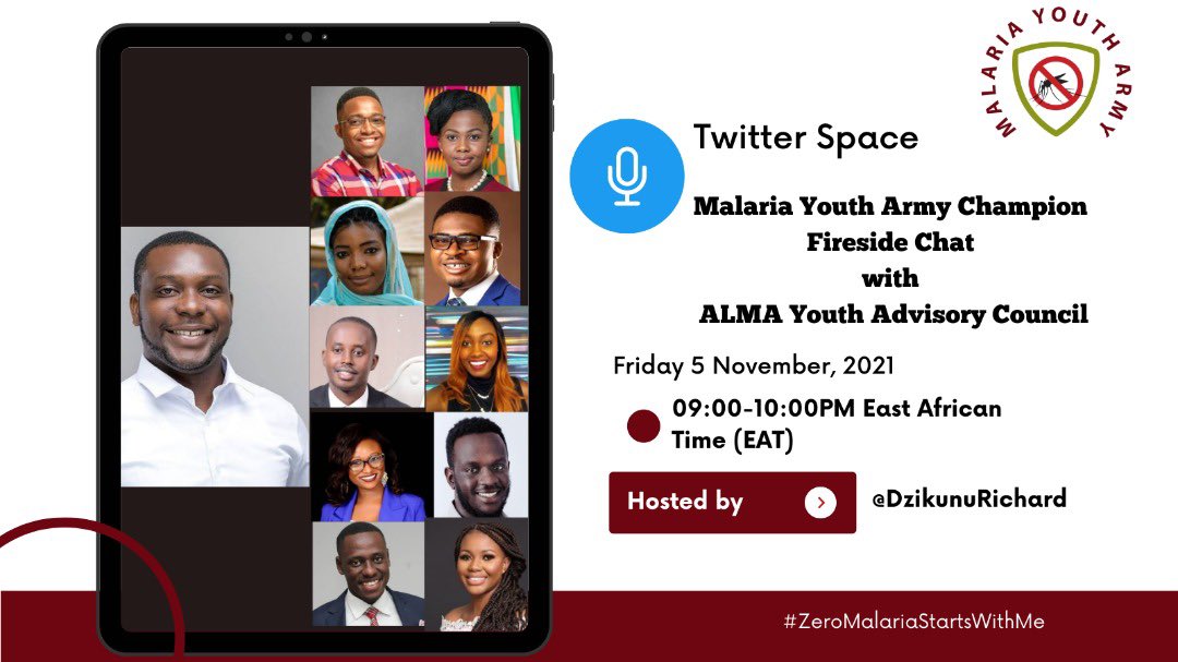 AloyceUrassa's tweet photo. 📌 HAPPENING TONIGHT @TwitterSpaces
@ALMA_2030 Youth advisory council fireside chat with @MalariaArmy Champions from 09:00pm EAT to be hosted by @DzikunuRichard .
Countdown to #SADCMalariaWeek
We are a generation that can #EndMalaria 💪🏾
#YouthPower #AfricaYouthLead https://t.co/YHgov10mJq