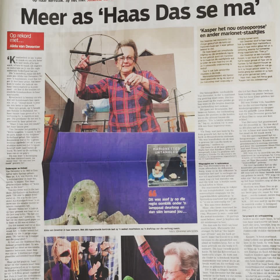 UntangledM's tweet image. Read all about it! Alida’s making a splash in today’s Beeld newspaper. @Beeld_Nuus #article #puppets #marionettes #haasdas #marionettesuntangled #craft #create #art #perform